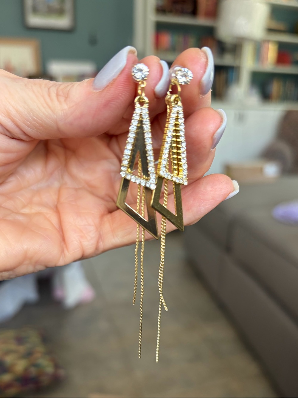 Gold-Tone Rhinestone Geometric Triangle Chain Dangle Earrings